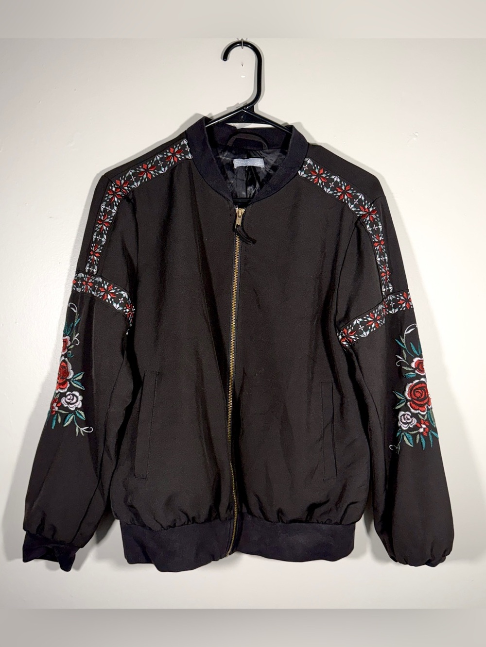 Octavia Black Embroidered Floral Bomber Jacket Women’s Small